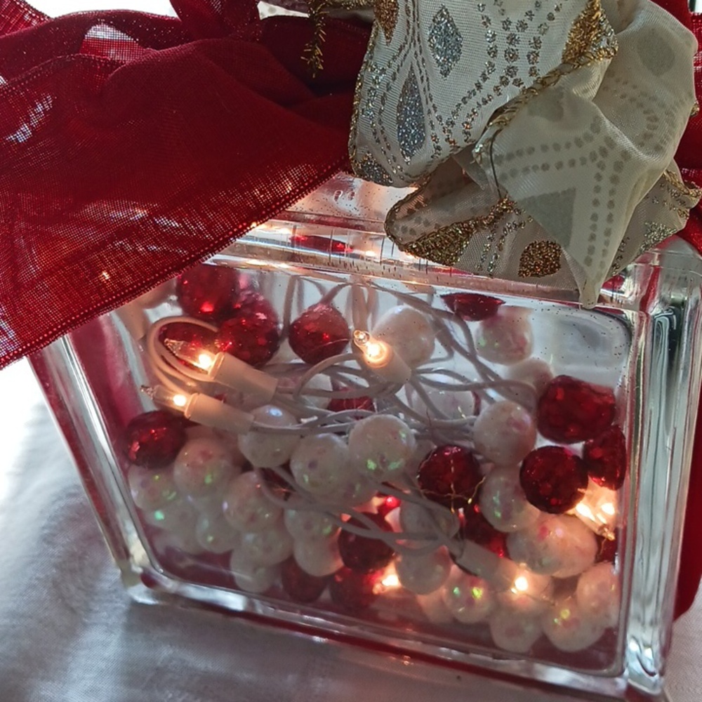 Festive Red and White Decorative Glass Square Block Display Piece
